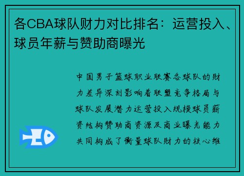 各CBA球队财力对比排名：运营投入、球员年薪与赞助商曝光