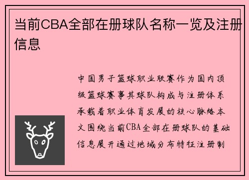 当前CBA全部在册球队名称一览及注册信息